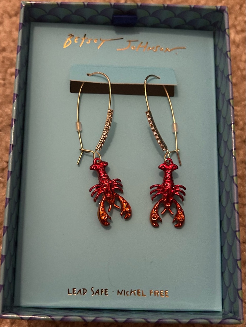 Betsey Johnson Red and Orange Lobster Drop Hoop Earrings